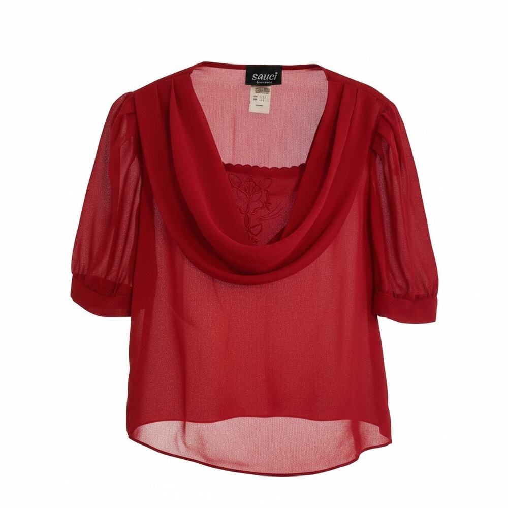 Sauci California Vintage 70s Red Cowl Neck Puff Sleeve Chiffon Top Size M